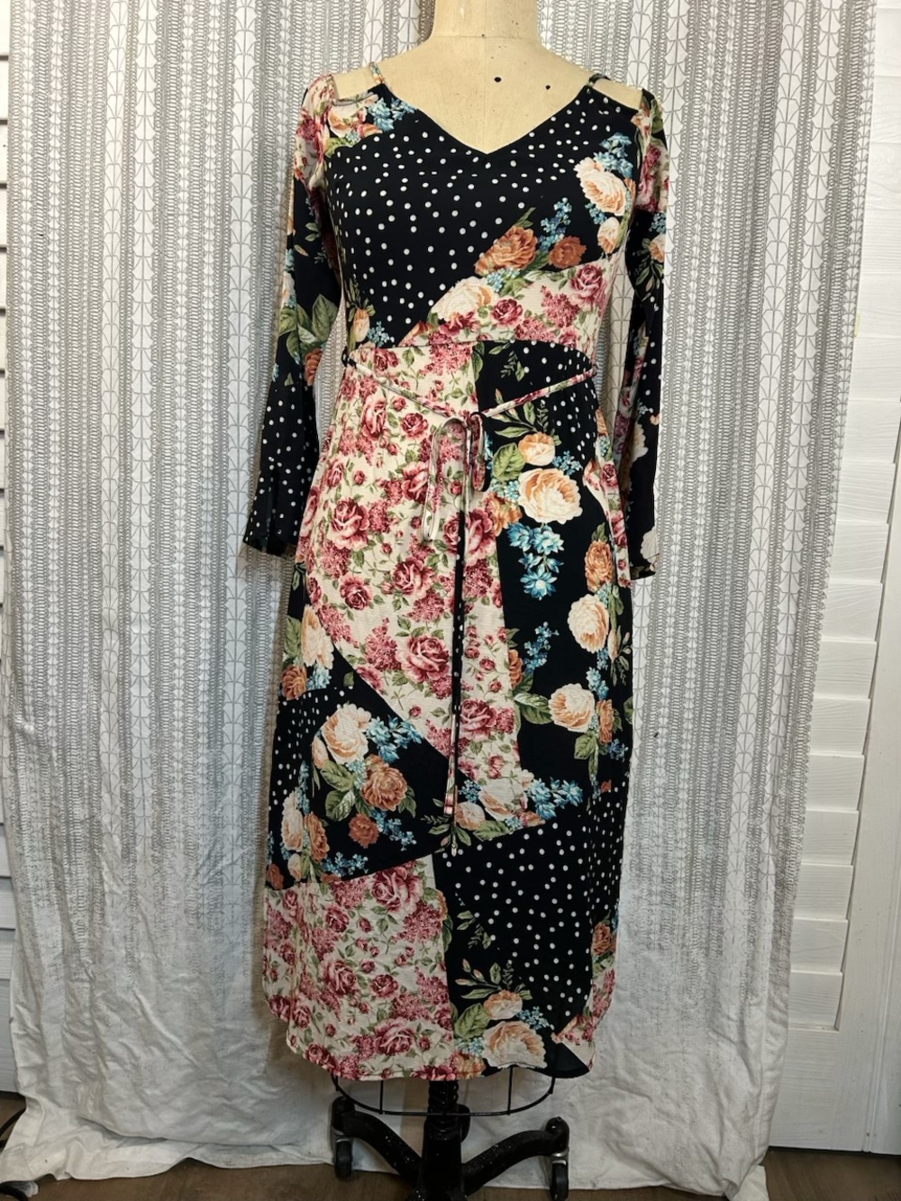 Topshop Black and Pink Floral Patchwork V-Neck Midi Dress